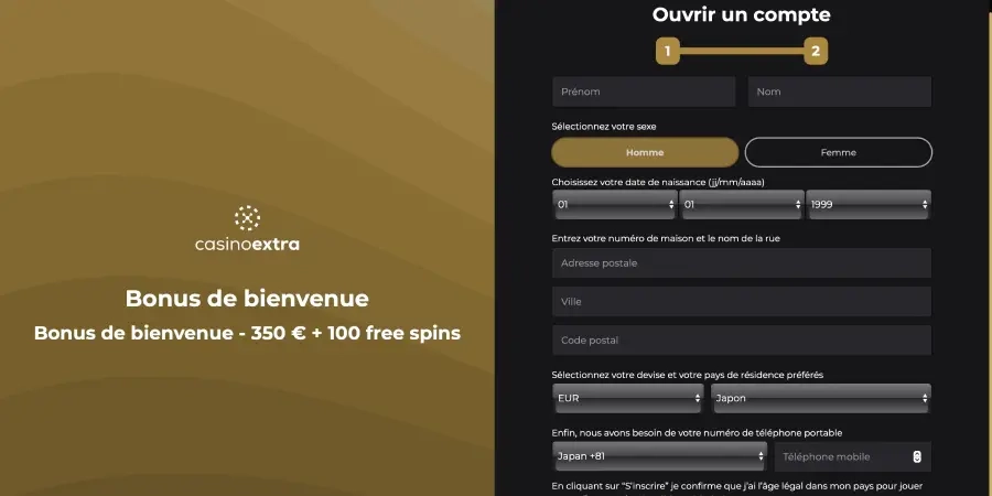 Processus d'inscription de casino extra